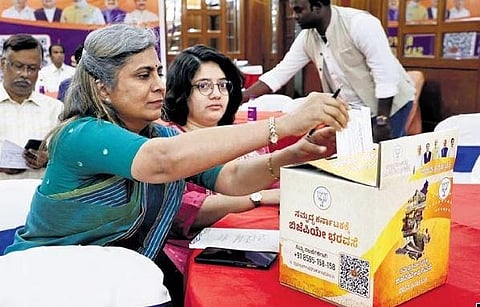 Participants at the BJP’s interaction with stakeholders in education and skill development sector drop their suggestions for the party’s manifesto on Saturday 