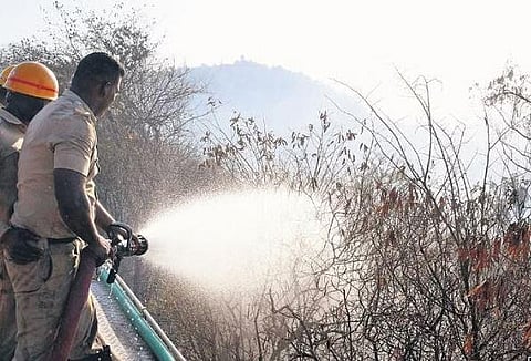 ​  Fire personnel douse flames on Chamundi Hills in Mysuru on Saturday | Udayashankar S  ​
