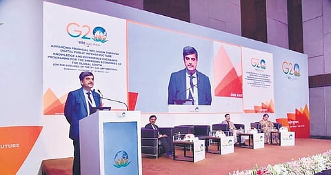 Ajay Seth, Secretary, Department of Economic Affairs, Ministry of Finance, addresses the delegates at G20 Presidency in Hyderabad on Sunday