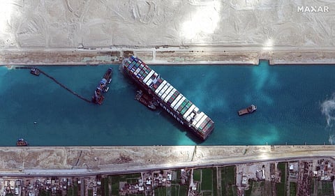 April 2021: This satellite image from Maxar Technologies shows the cargo ship MV Ever Given stuck in the Suez Canal near Suez, Egypt. (File Photo | AP)