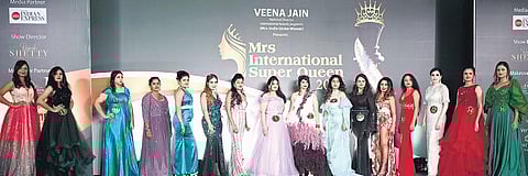 Participants at Mrs International Super Queen 2023 organised by Veena Jain, national director of International Beauty Pageants, in Bengaluru on Sunday;