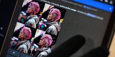 (AI) manga artist, who goes by the name 'Rootport', wearing gloves demonstrates on how he produces AI manga. (Photo | AFP)