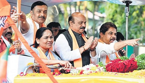 Shobha Karandlaje and R Ashoka with former Karnataka CM Basavaraj Bommai. 
