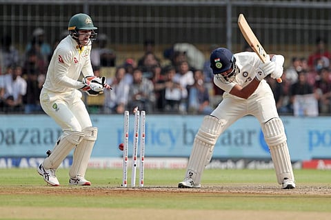 India's Cheteshwar Pujara is bowled on the first day of the 3rd Test match against Australia, at Holkar Cricket Stadium, in Indore. (Photo | ANI)
