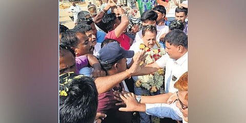 ​  BJP MLA K Madal Virupakshappa accorded a rousing reception on his arrival at Channagiri in Davanagere district on Tuesday | Express  ​