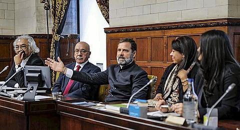 Congress leader Rahul Gandhi interacts with UK's Members of Parliament, academics, journalists, community leaders in London.(Photo | PTI)