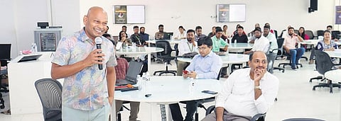 Prof Seeram Ramakrishna addressing the session in the presence of Prof Ranjit Thapa at SRM University on Tuesday I express