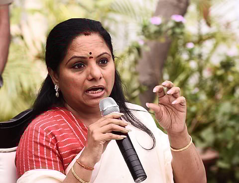 BRS MP K Kavitha, daughter of Telangana CM K Chandrasekhar Rao, addresses a press conference at her residence in New Delhi. (Photo | Parveen Negi, EPS)