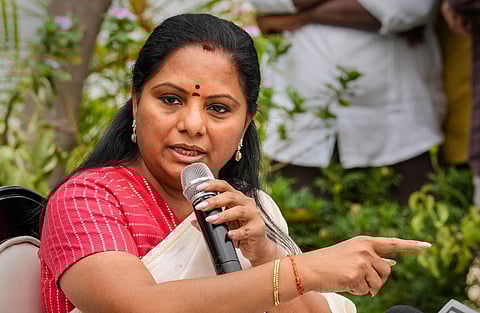 Bharat Rashtra Samithi leader K Kavitha addresses a press conference in New Delhi, March 9, 2023. (Photo | PTI)