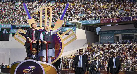 Narendra Modi with Australian Prime Minister Anthony Albanese before the start of the fourth test cricket match between India and Australia.(Photo | PTI)