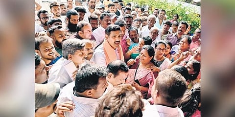 BJP state vice-president BY Vijayendra surrounded by his followers during his visit to Mysuru on Friday |  Udayashankar S