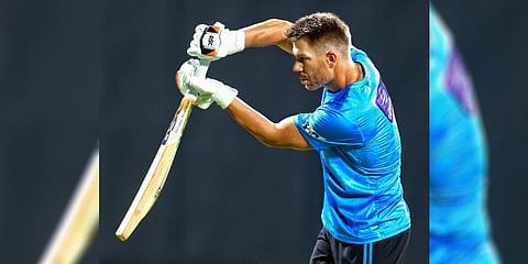 DC's skipper David Warner during a practice session. (Photo | Twitter @DelhiCapitals)