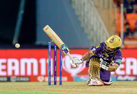 Kolkata Knight Riders batter Rinku Singh plays a shot during the IPL 2023 cricket match with Gujarat Titans in Ahmedabad, on April 9, 2023. (Photo | PTI)