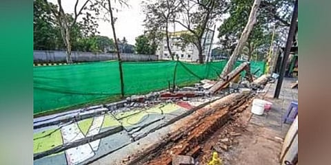 ​  The boundary wall of Rama Devi varsity which collapsed on Sunday | Express  ​