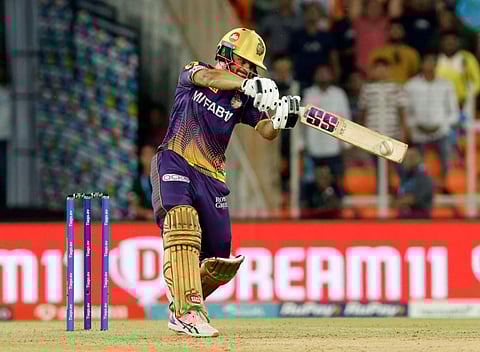 Kolkata Knight Riders batter Rinku Singh plays a shot during the IPL 2023 cricket match with Gujarat Titans in Ahmedabad, on April 9, 2023. (Photo | PTI)