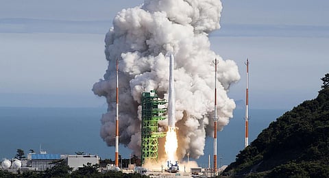 Photo provided by the Korea Aerospace Research Institute, the Nuri rocket, the first domestically produced space rocket, lifts off from a launch pad at the Naro Space Center.(Photo | AP)
