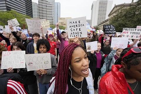 Cheyenne Harris yells with other demonstrators at the March for Our Lives anti gun protest outside the State Capitol in Nashville, Tenn., on Monday, April 3, 2023. (Photo | AP)