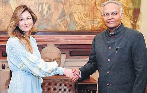 Ukrainian Deputy FM Emine Dzheppar with external affairs secretary Sanjay Verma in New Delhi on Monday. (Photo | twitter)