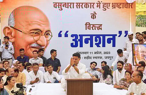 Congress leader Sachin Pilot sits on hunger strike against the alleged corruption during the previous BJP government in Rajasthan, at Shaheed Samark in Jaipur, on April 11, 2023. (Photo | PTI)