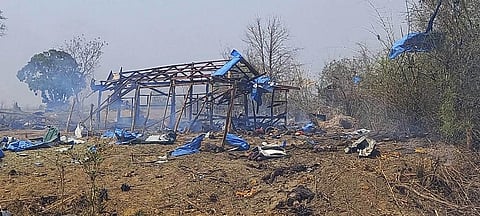 This photo provided by the Kyunhla Activists Group shows aftermath of an airstrike in Pazigyi village in Sagaing Region's Kanbalu Township, Myanmar, Tuesday, April 11, 2023. (Photo | AP)