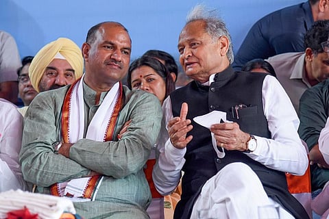 : Rajasthan Chief Minister Ashok Gehlot with State BJP President C.P. Joshi during the flagging off ceremony of Vande Bharat Express train in Jaipur on April 10, 2023. (Photo | PTI)