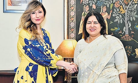 Ukraine’s Deputy Foreign Minister Emine Dzhaparova met with MoS External Affairs Minister Meenakashi Lekhi, in New Delhi on Tuesday. (Photo | PTI)