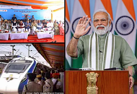 Prime Minister Modi virtually attends the flagging-off ceremony of Vande Bharat Express train connecting Ajmer and Delhi Cantt., from New Delhi, on April 12, 2023. (Photo | PTI) 