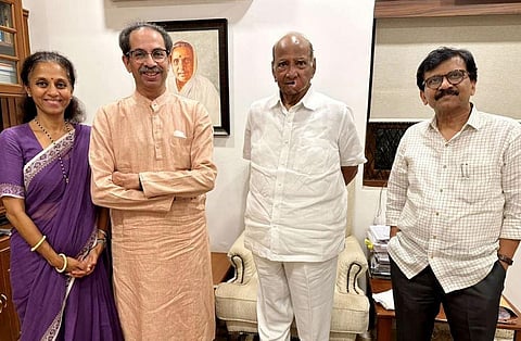 Shiv Sena (UBT) chief Uddhav Thackeray and Sanjay Raut (R) meet NCP chief Sharad Pawar and his daughter Supriya Sule in Mumbai on Tuesday. (Photo | ANI)