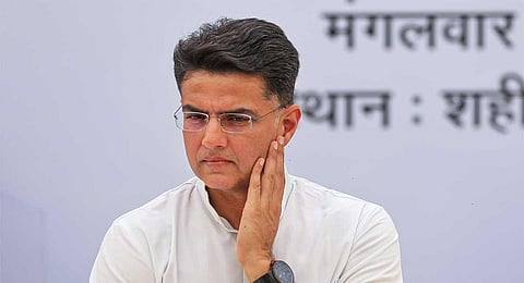 Congress leader Sachin Pilot sits on a hunger strike against the alleged corruption during previous BJP government in Rajasthan, at Shaheed Smarak in Jaipur, Tuesday, April 11, 2023. (PTI Photo)