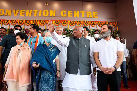 Congress President Mallikarjun Kharge with party leaders Sonia Gandhi, Rahul Gandhi and others during the 85th Plenary Session of the INC, in Raipur, Feb. 24, 2023. (File Photo | PTI)