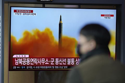 A TV screen is seen reporting North Korea's missile launch with file footage during a news program at the Seoul Railway Station in Seoul, South Korea, Thursday, April 13, 2023. (Photo | AP)