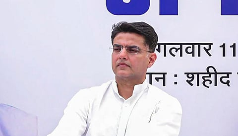 Congress leader Sachin Pilot sits on hunger strike against the alleged corruption during previous BJP government in Rajasthan, at Shaheed Samark in Jaipur, Tuesday, April 11, 2023. (Photo | PTI)