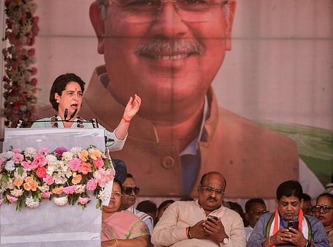 AICC General Secretary Priyanka Gandhi Vadra addresses during the 'Bharose Ka Sammelan', organised by Congress, in Bastar district, on April 13, 2023. (Photo | PTI)