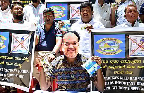 A Congress worker, wearing a mask of Union Home Minister Amit Shah, protests amid the KMF-AMUL row, in Bengaluru. (Photo | Shashidhar Byrappa, EPS)