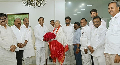 Telangana Chief Minister K. Chandrasekhar Rao welcomes BR Ambedkar's grandson Prakash Ambedkar before unveiling of 125ft statue of Ambedkar during an event, in Hyderabad.(Photo | PTI)
