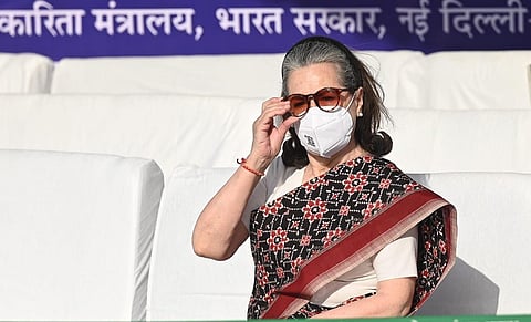 Former Congress president Sonia Gandhi during the birth anniversary celebrations of BR Ambedkar, at Parliament House complex, in New Delhi, on April 14, 2023. (Photo | Shekhar Yadav, EPS)