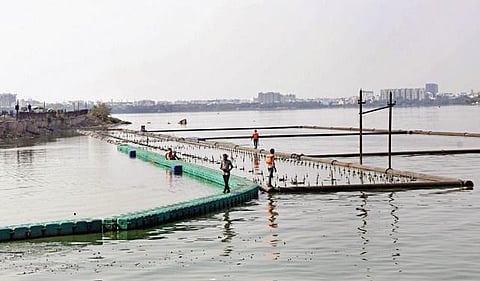 The authorities will relocate the floating musical fountains near Amogham Lake View Restaurant on the NTR Marg to People’s Plaza on PVNR Marg Road soon, officials said on Thursday |  Vinay Madapu