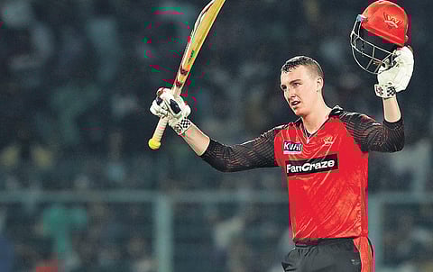 SRH’s Harry Brooks celebrates after reaching 100 on Friday. (Photo | Sportzpics)