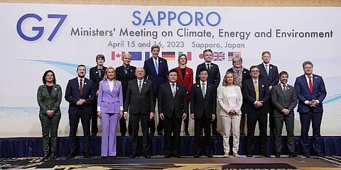 G-7 ministers on climate, energy and environment pose for a photo during its photo session in Sapporo, northern Japan, Saturday, April 15, 2023. (Photo | PTI)
