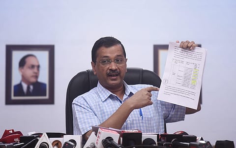 Delhi Chief Minister Arvind Kejriwal addresses the media after being summoned by the CBI in the Excise policy case, in New Delhi on Saturday. (Photo | Parveen Negi, EPS)