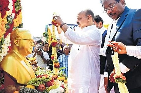 ​  Chief Minister Basavaraj Bommai pays homage to Dr BR Ambedkar on his 132nd birth anniversary in front of Vidhana Soudha on Friday | Express  ​