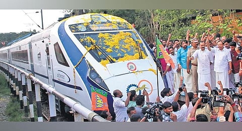 BJP workers led by Union Minister of State V Muraleedharan receiving the Vande Bharat Express train at Kochuveli in Thiruvananthapuram on Friday | B P Deepu