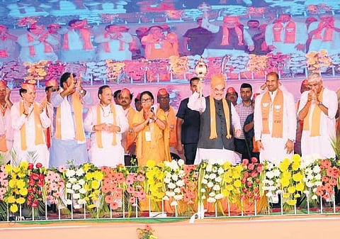 Amit Shah at the Booth Vijay Sankalp campaign in Bharatpur on Saturday| express