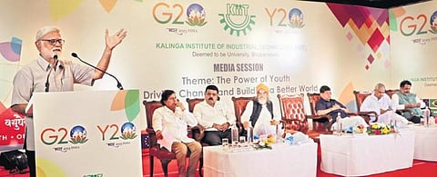 TNIE editorial director Prabhu Chawla addressing the media session of Y20 Consultation in the city on Saturday | Shamim Qureshy