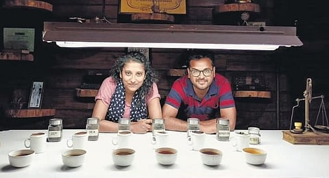 Eshanya Beverages Founder Sandeep Eshanya, and his wife and Co-founder Rani Vishwanath, with their product -- Betel Leaf Tea