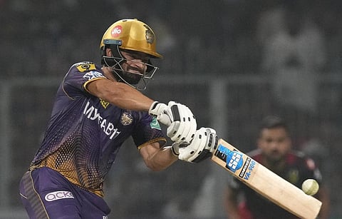 Kolkata Knight Riders' Rinku Singh in action during an IPL 2023 cricket match against Royal Challengers Bangalore, April 6, 2023. (Photo | AP)