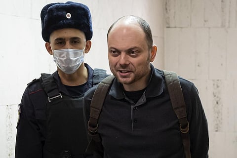 Russian opposition activist Vladimir Kara-Murza is escorted to a hearing in a court in Moscow, Russia, Feb. 8, 2023. (Photo | AP)