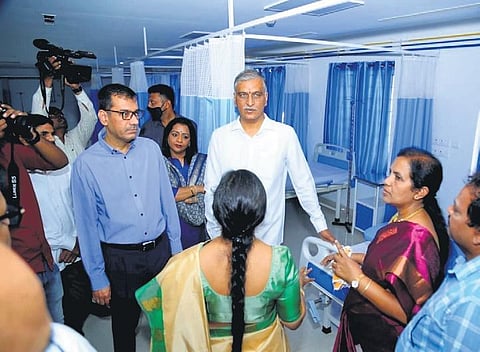 Health Minister T Harish Rao interacts with officials and staff of MNJ Cancer Institute in Hyderabad on Sunday