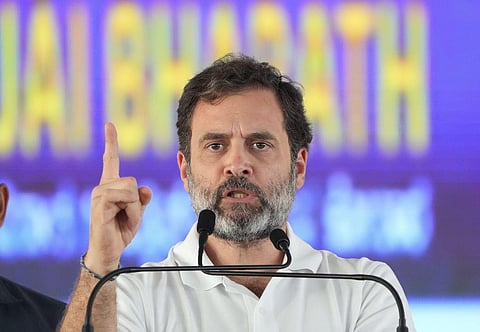 Congress leader Rahul Gandhi addresses a public meeting ahead of Assembly polls, in Kolar, Karnataka, Sunday, April 16, 2023. (Photo | PTI)