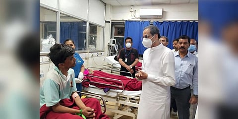 Shiv Sena chief Uddhav Thackeray along with party leader Aaditya Thackeray visits the patients who fell sick due to heat stroke during the Maharashtra Bhushan Samman ceremony, at a hospital.
